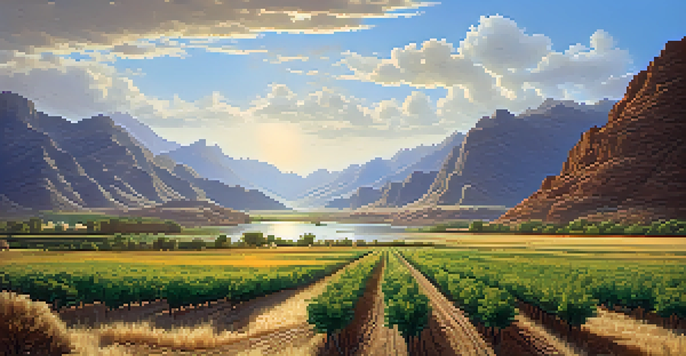 A scenic view of Salt River Valley in the 1850s, with settlers farming in a lush landscape surrounded by mountains and rivers.