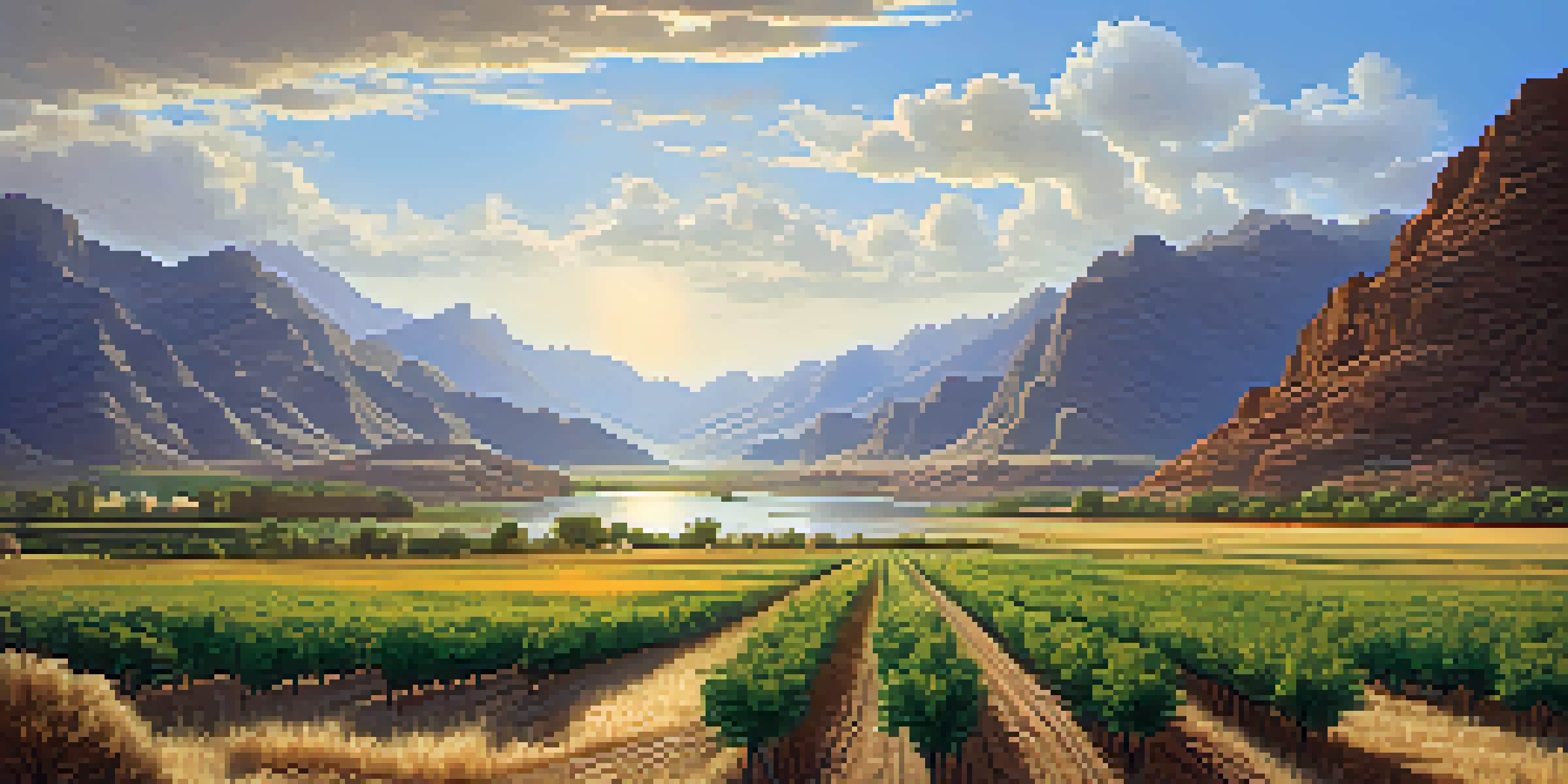 A scenic view of Salt River Valley in the 1850s, with settlers farming in a lush landscape surrounded by mountains and rivers.