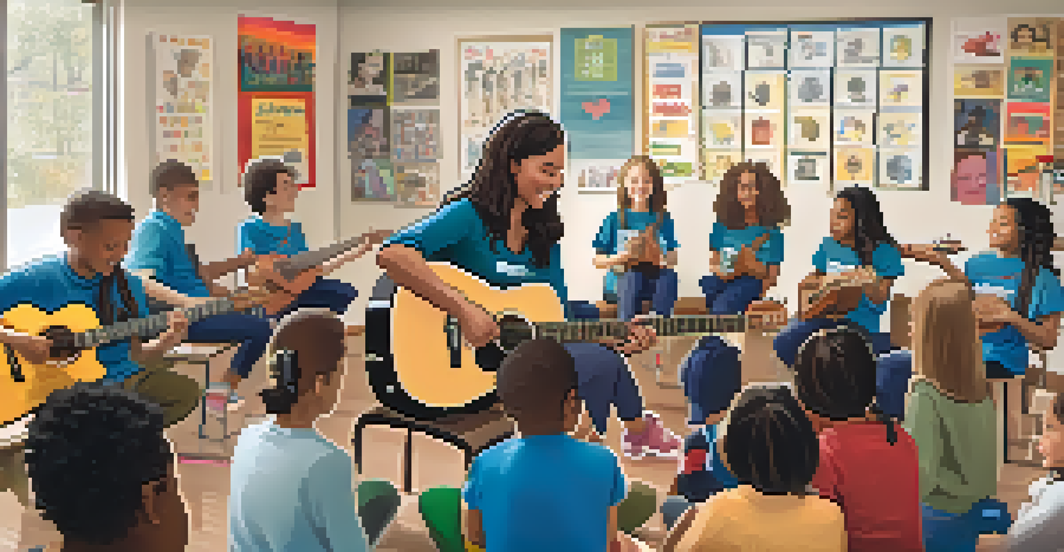 A music workshop with a teacher playing guitar and diverse students participating, in a colorful classroom.
