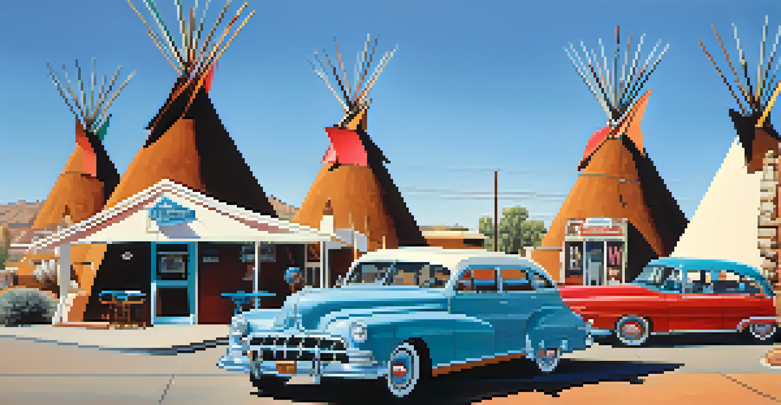 The iconic Wigwam Motel with teepee-shaped rooms and classic cars, embodying the vintage charm of Route 66.