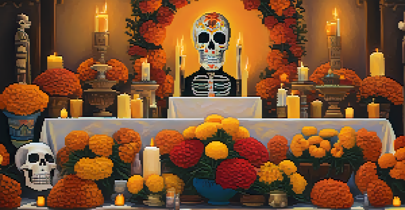 A colorful altar with marigolds and sugar skulls at the Dia de los Muertos Festival, with people participating in festive activities.