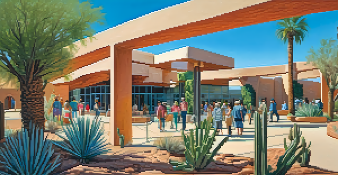 A colorful outdoor exhibition at the Heard Museum, with Indigenous art pieces and visitors engaging with the art against a clear sky.