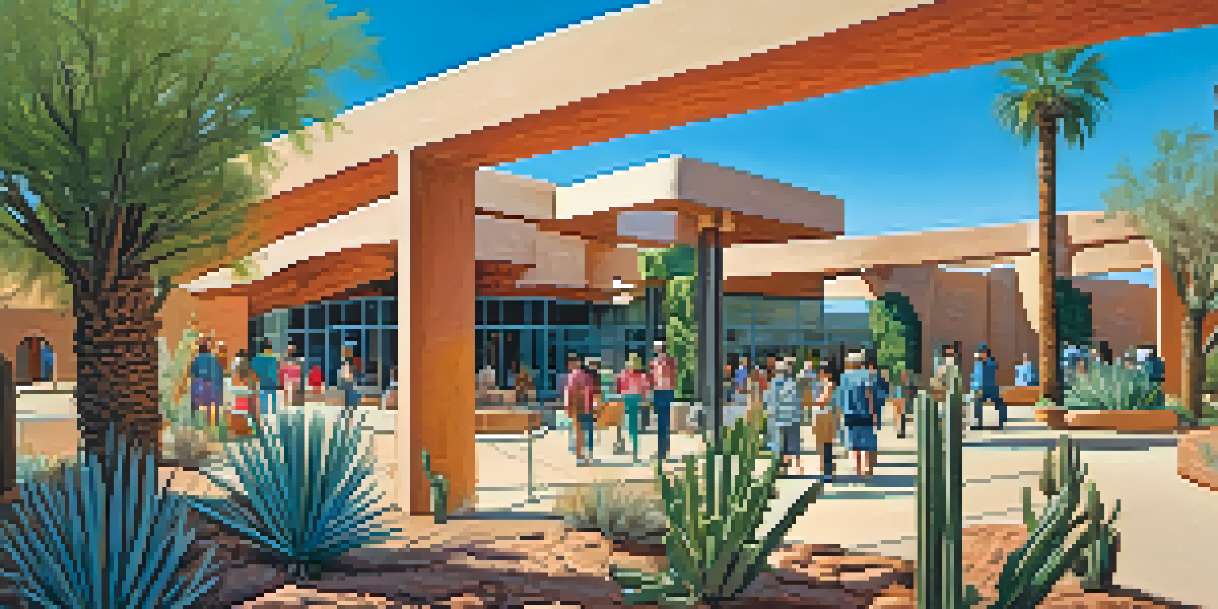 A colorful outdoor exhibition at the Heard Museum, with Indigenous art pieces and visitors engaging with the art against a clear sky.