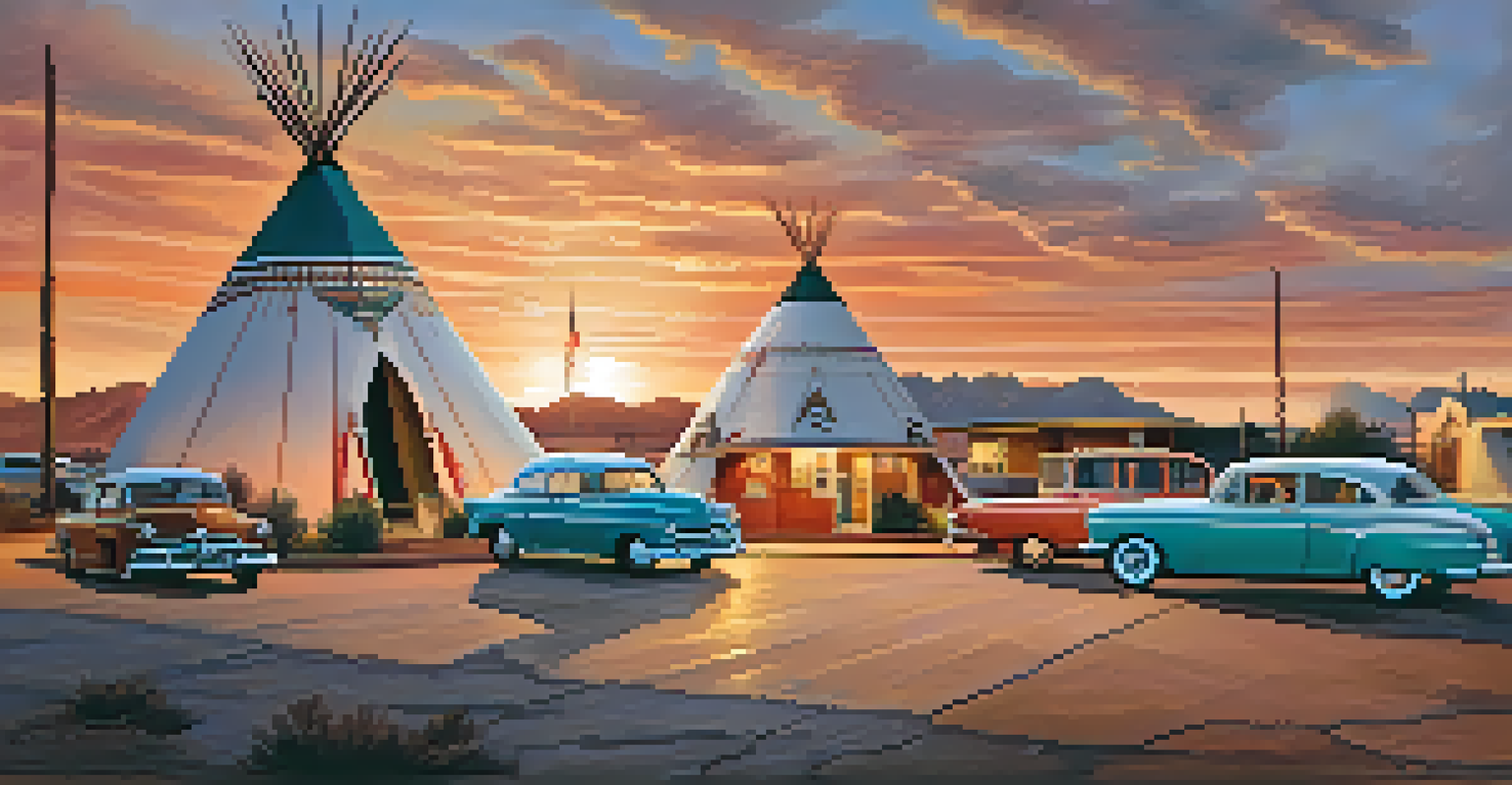 The Wigwam Motel with teepee-shaped rooms and vintage cars, set against a colorful sunset.