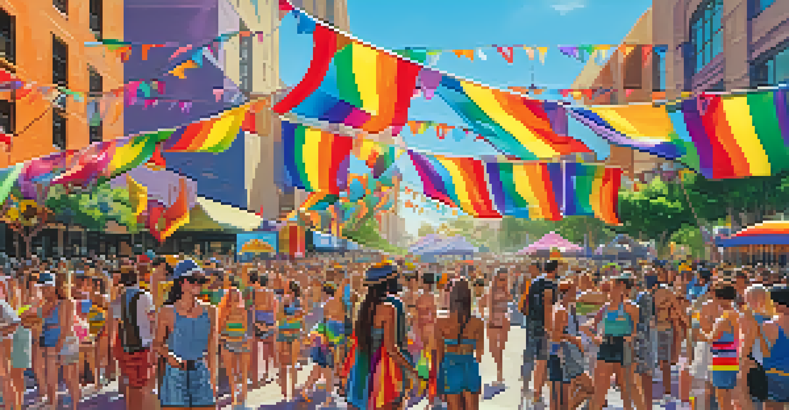 A joyful scene from the Phoenix Pride Festival, showcasing art installations and performers, with attendees celebrating in a colorful atmosphere.