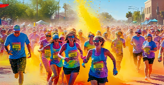Participants in a colorful running event, joyfully covered in bright powders, with a festive atmosphere.