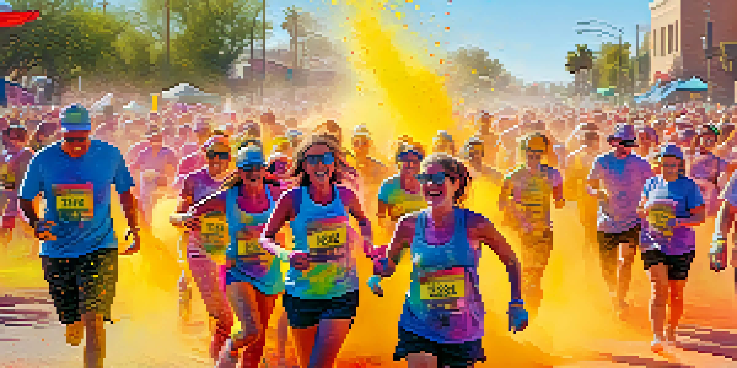 Participants in a colorful running event, joyfully covered in bright powders, with a festive atmosphere.