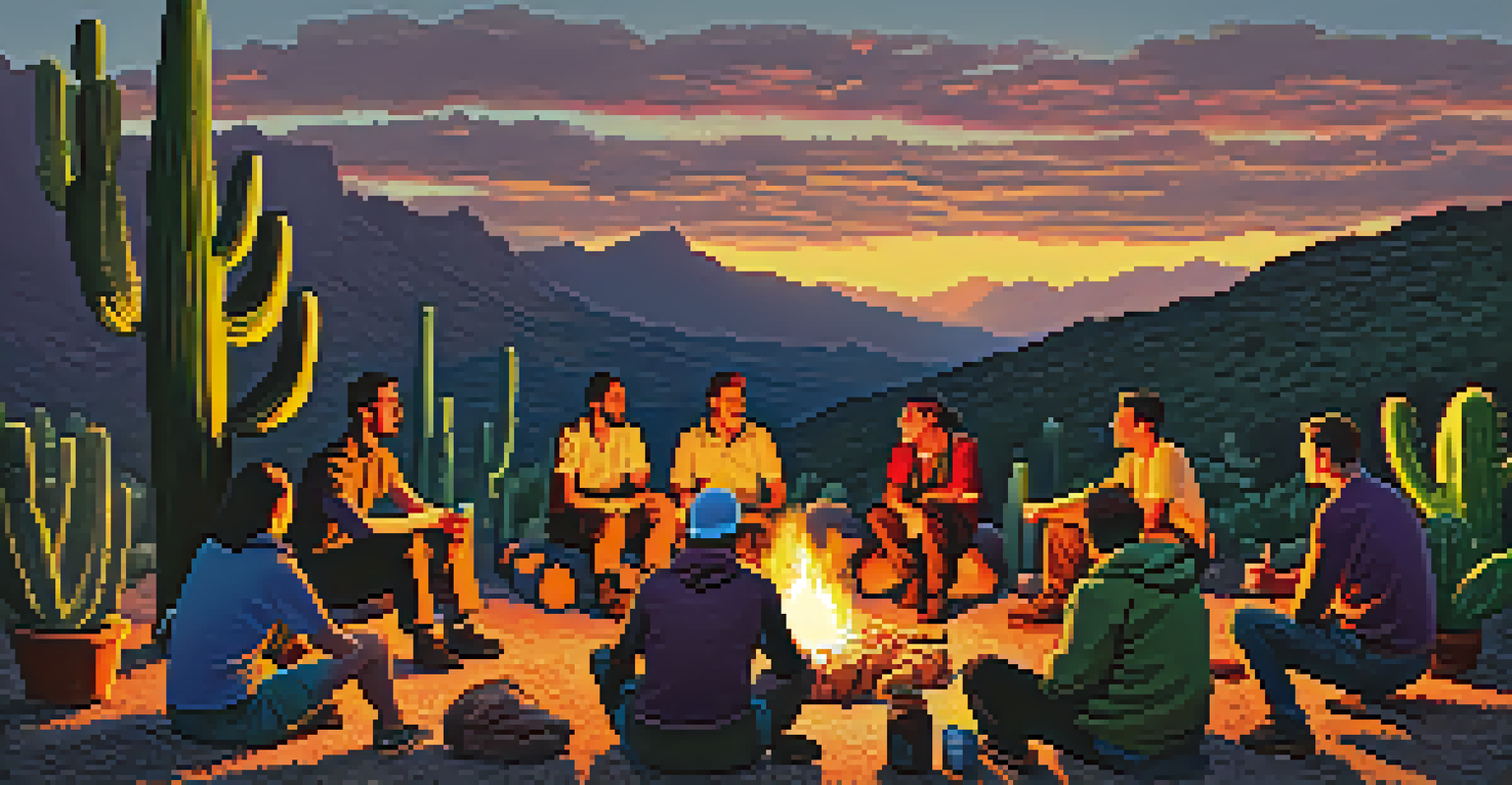 A group of hiking club members sitting around a campfire at sunset, with cacti and mountains in the background.