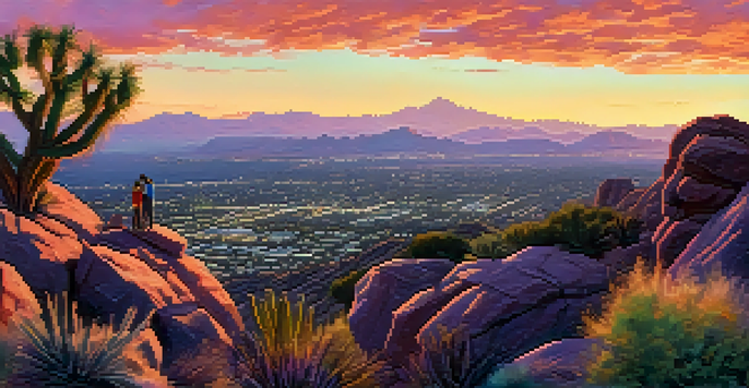 Panoramic view from Dobbins Lookout showing the Phoenix skyline at sunset with families taking pictures.