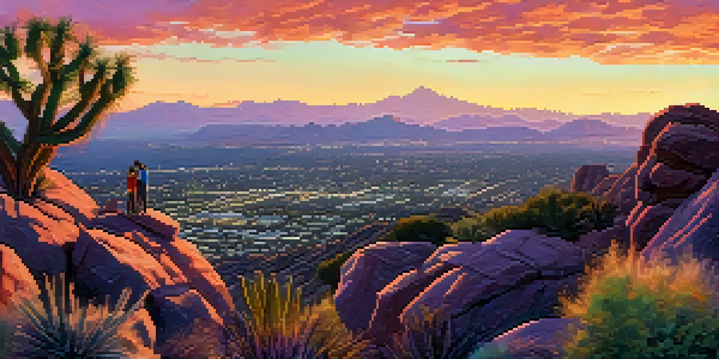 Panoramic view from Dobbins Lookout showing the Phoenix skyline at sunset with families taking pictures.