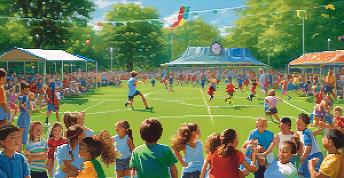 A lively community sports event in a park with children playing soccer and basketball, surrounded by cheering families and greenery.