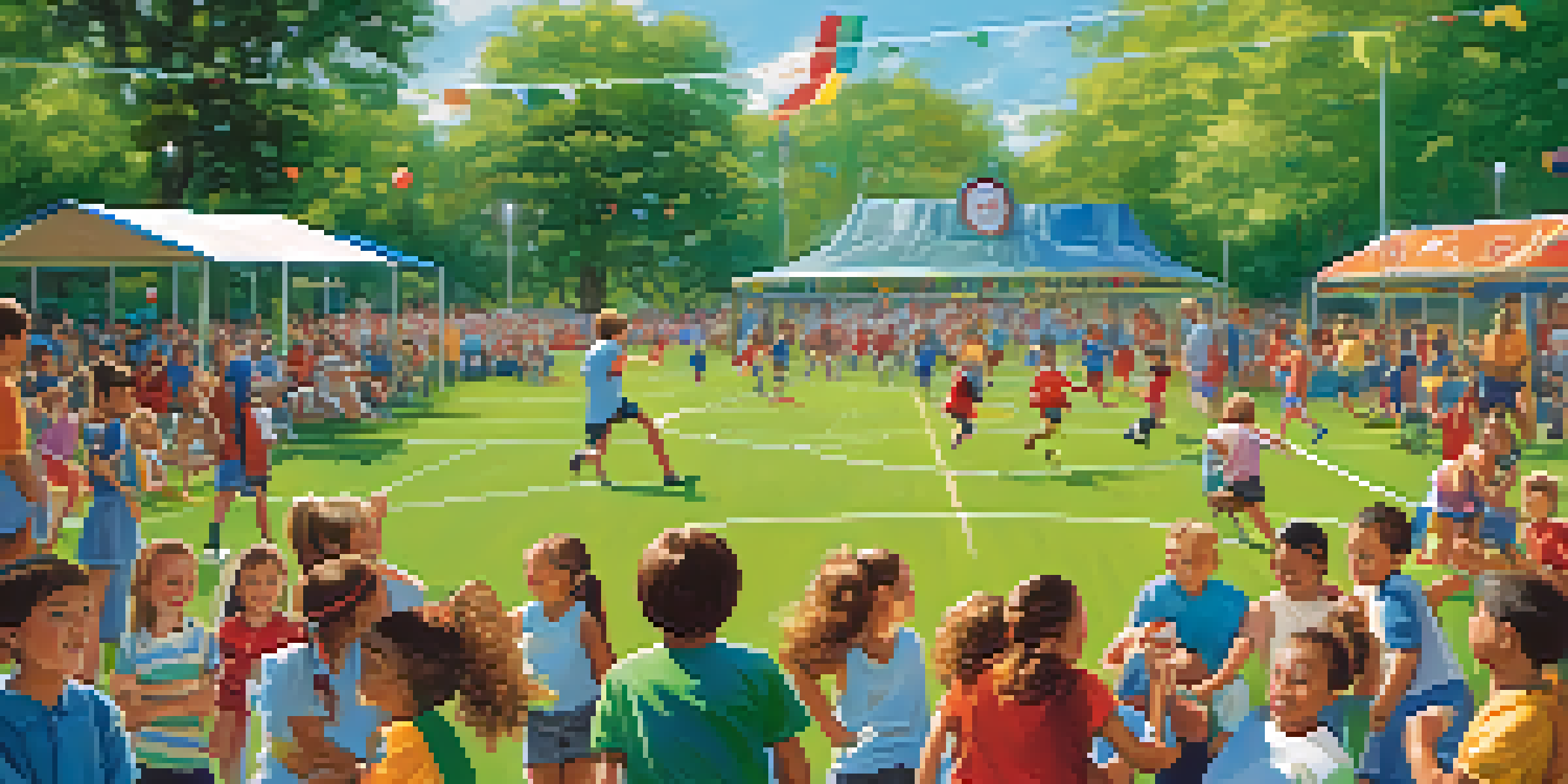 A lively community sports event in a park with children playing soccer and basketball, surrounded by cheering families and greenery.