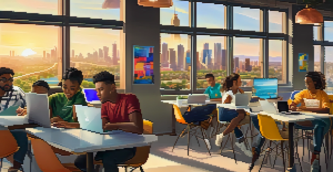 A diverse group of students in a bright cafe, engaged in online learning with laptops and tablets, surrounded by colorful educational posters.