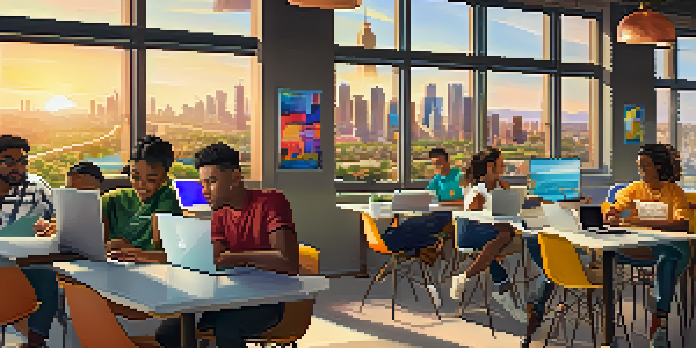 A diverse group of students in a bright cafe, engaged in online learning with laptops and tablets, surrounded by colorful educational posters.