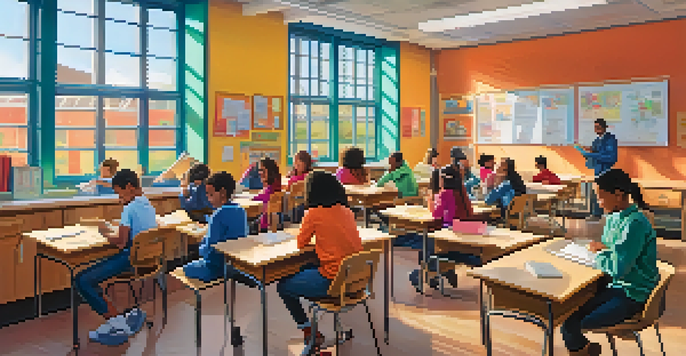 A lively classroom with students using laptops and engaging in a discussion with a teacher, showcasing a hybrid learning environment.
