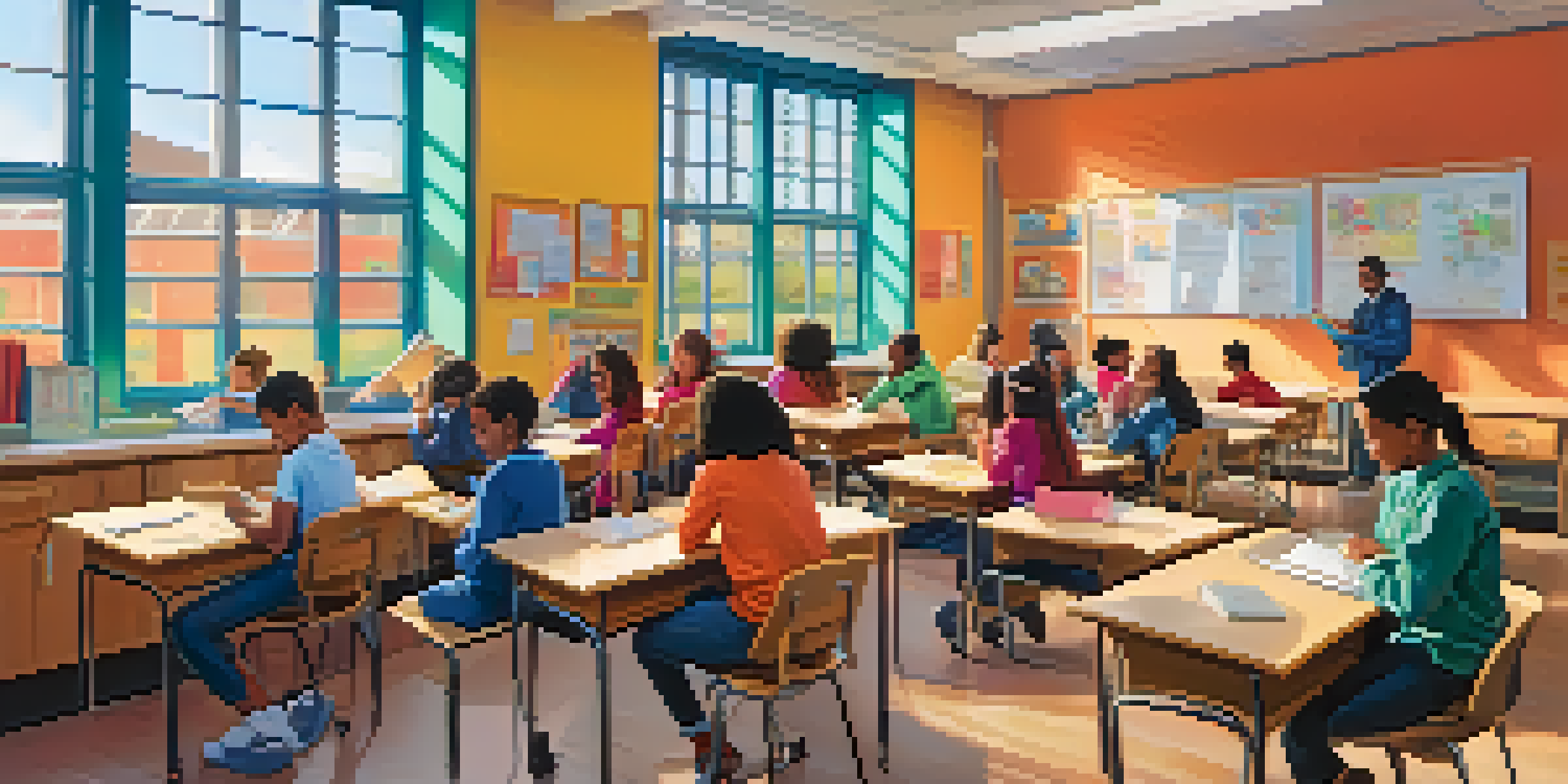 A lively classroom with students using laptops and engaging in a discussion with a teacher, showcasing a hybrid learning environment.