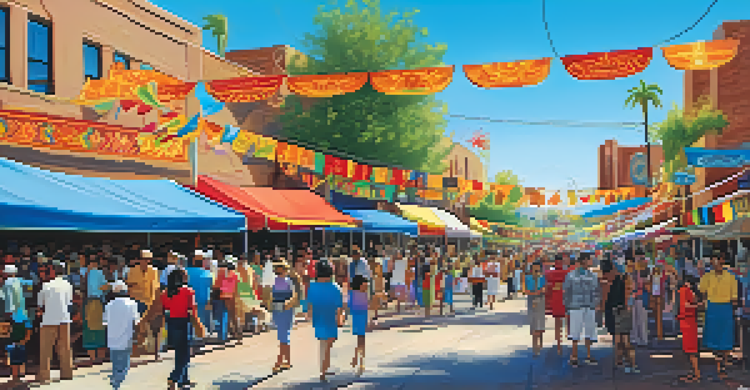 A colorful multicultural festival in Phoenix with people dancing, food stalls, and decorations.