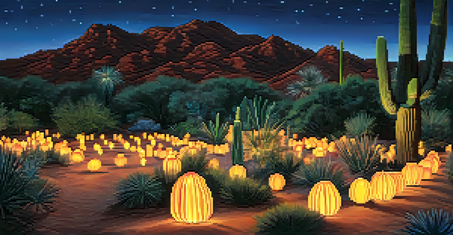 A serene scene at the Desert Botanical Garden with hand-lit luminarias illuminating the path through a decorated desert landscape at night.