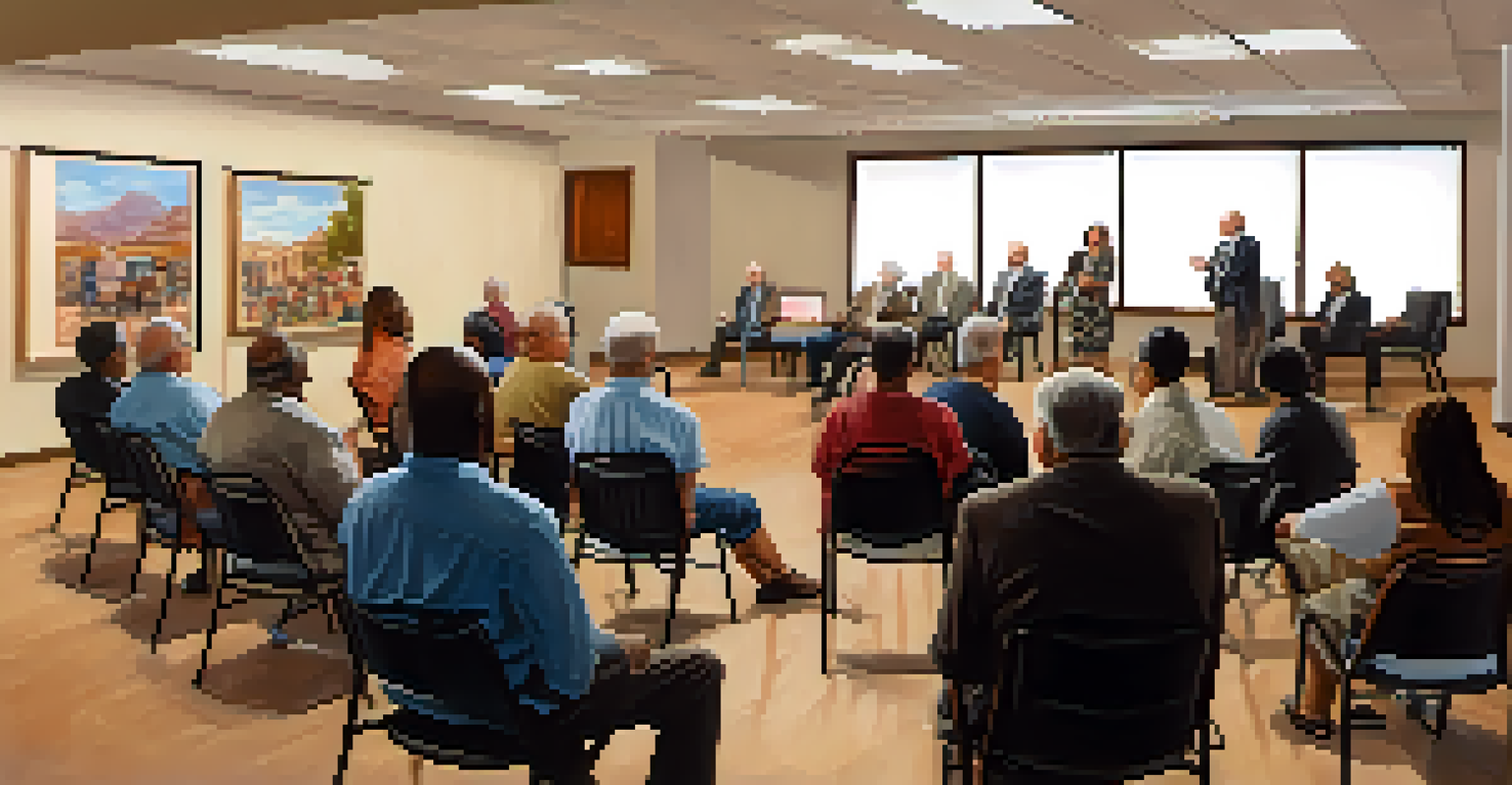 Residents attending a city council meeting in a community center, engaged in discussion with a speaker at the front.
