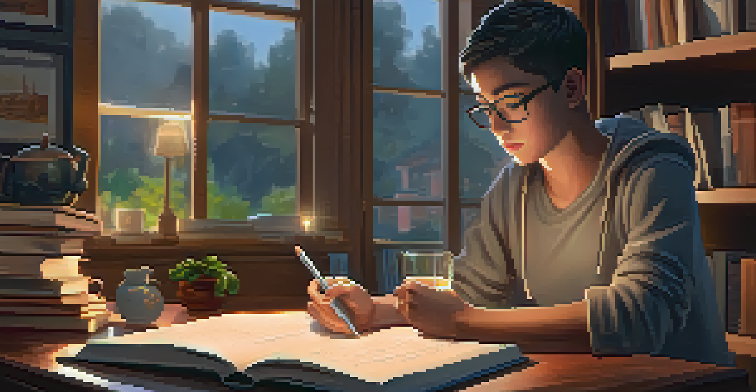 A student studying at home with a tablet, surrounded by books in a cozy and well-lit environment, showcasing online learning.