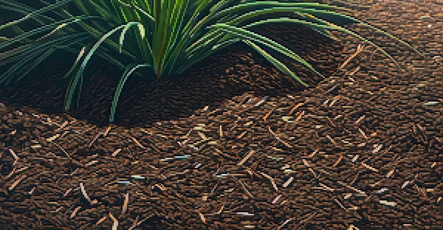 Close-up of organic mulch being applied to dark, rich soil in a Phoenix garden, with sunlight filtering through the leaves of nearby plants.