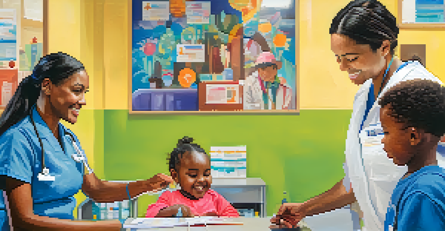 A nurse administering a vaccine to a child in a welcoming vaccination clinic, with health awareness posters in the background.