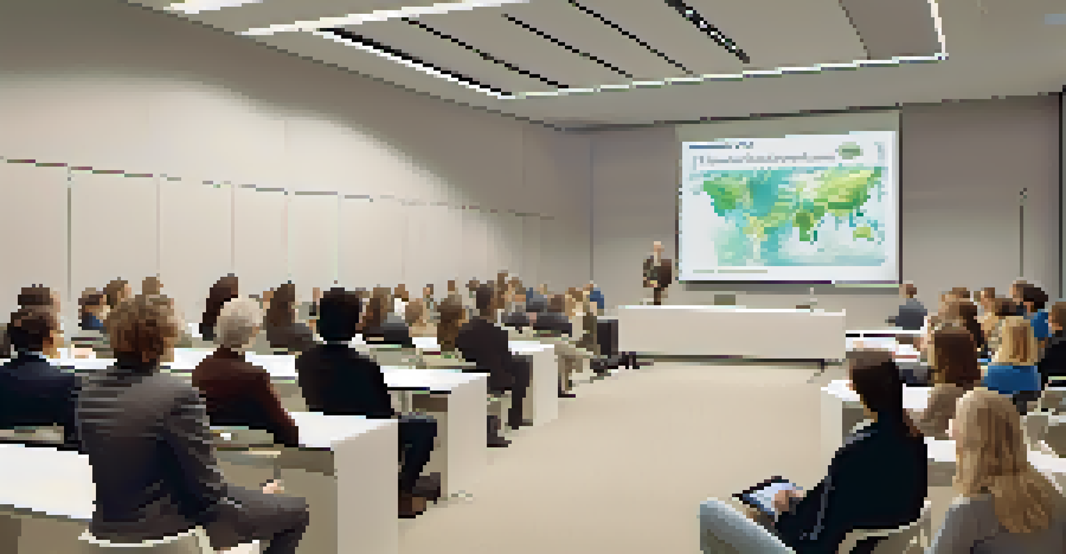 A presentation slide on environmental issues with an engaged audience in a modern seminar room.