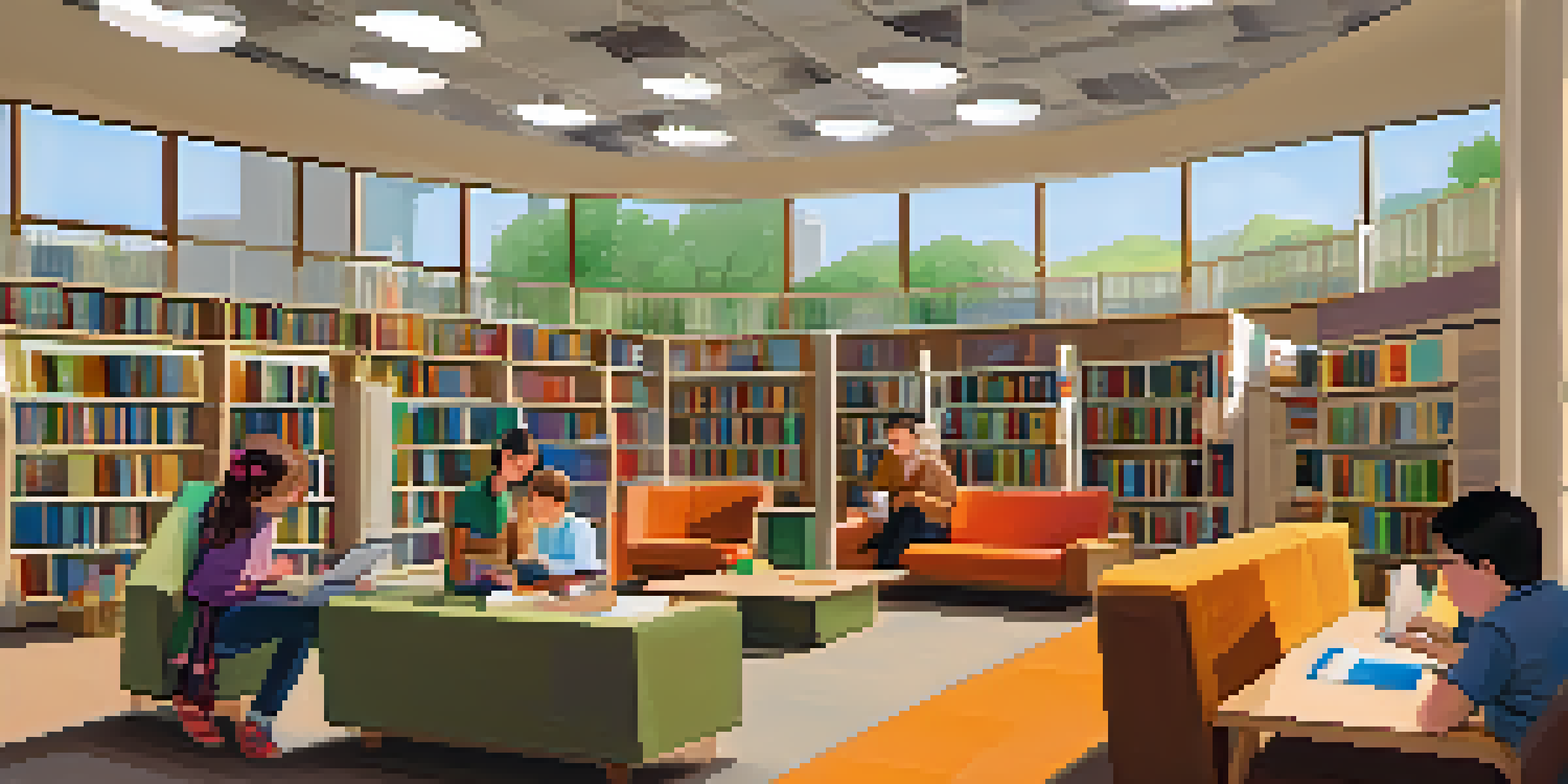 A bright and inviting library space with people reading and using computers, filled with books and natural light.