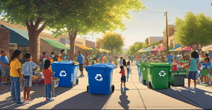 A lively community recycling event with families sorting recyclables at colorful bins under sunlight with promotional banners.