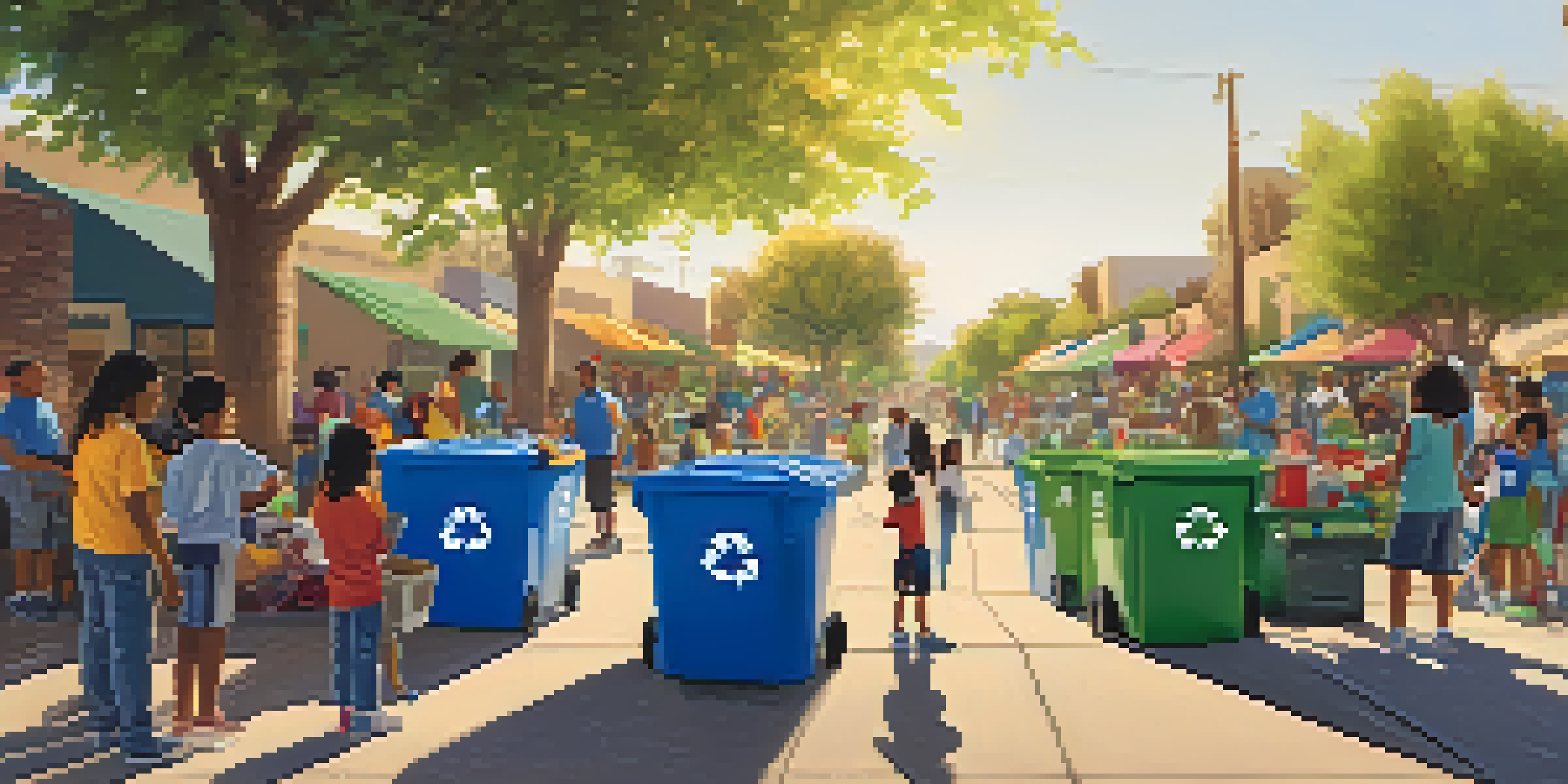 A lively community recycling event with families sorting recyclables at colorful bins under sunlight with promotional banners.