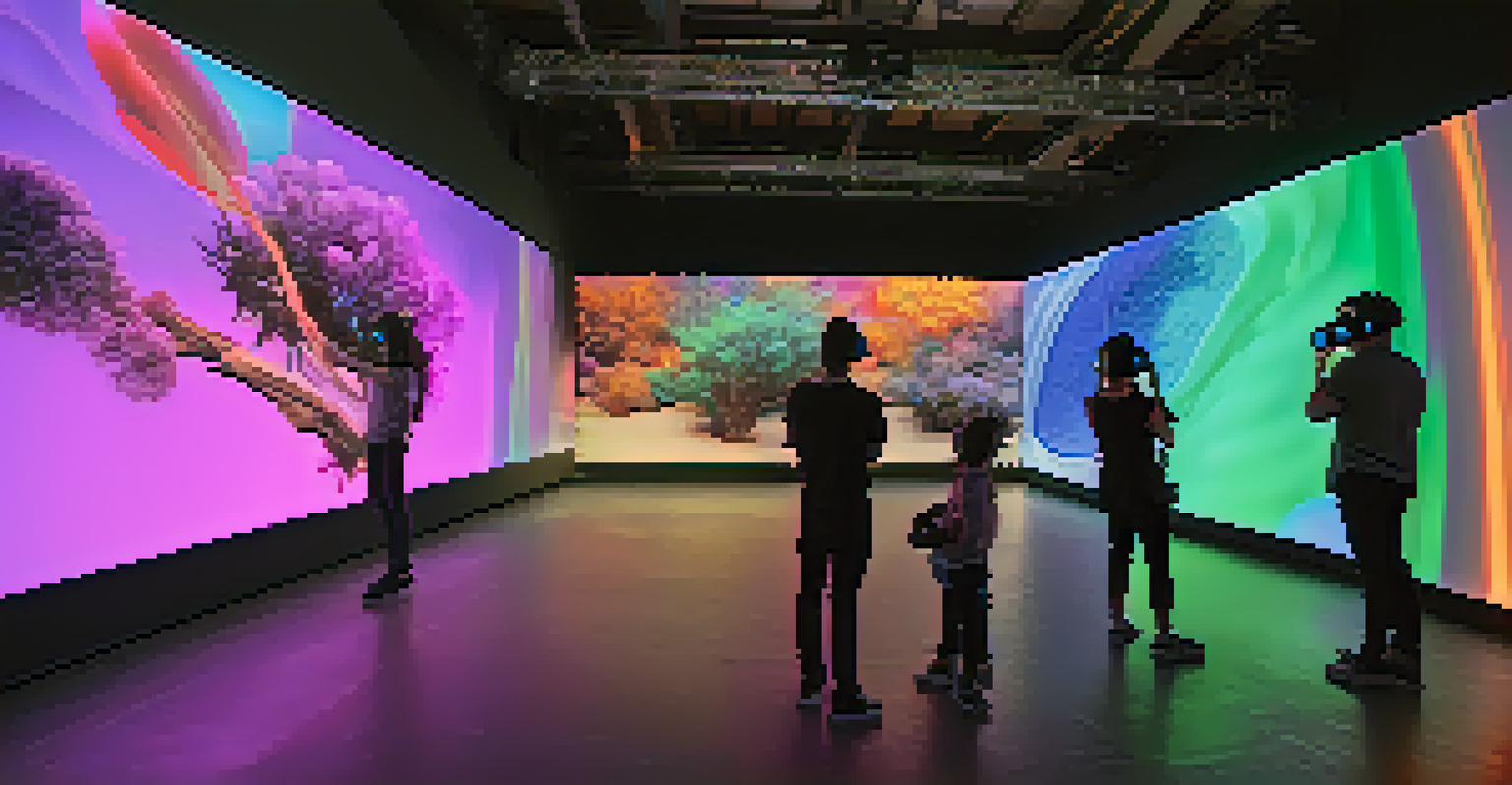 Visitors wearing VR headsets at a photography exhibition, exploring 3D images of nature in a dimly lit room.