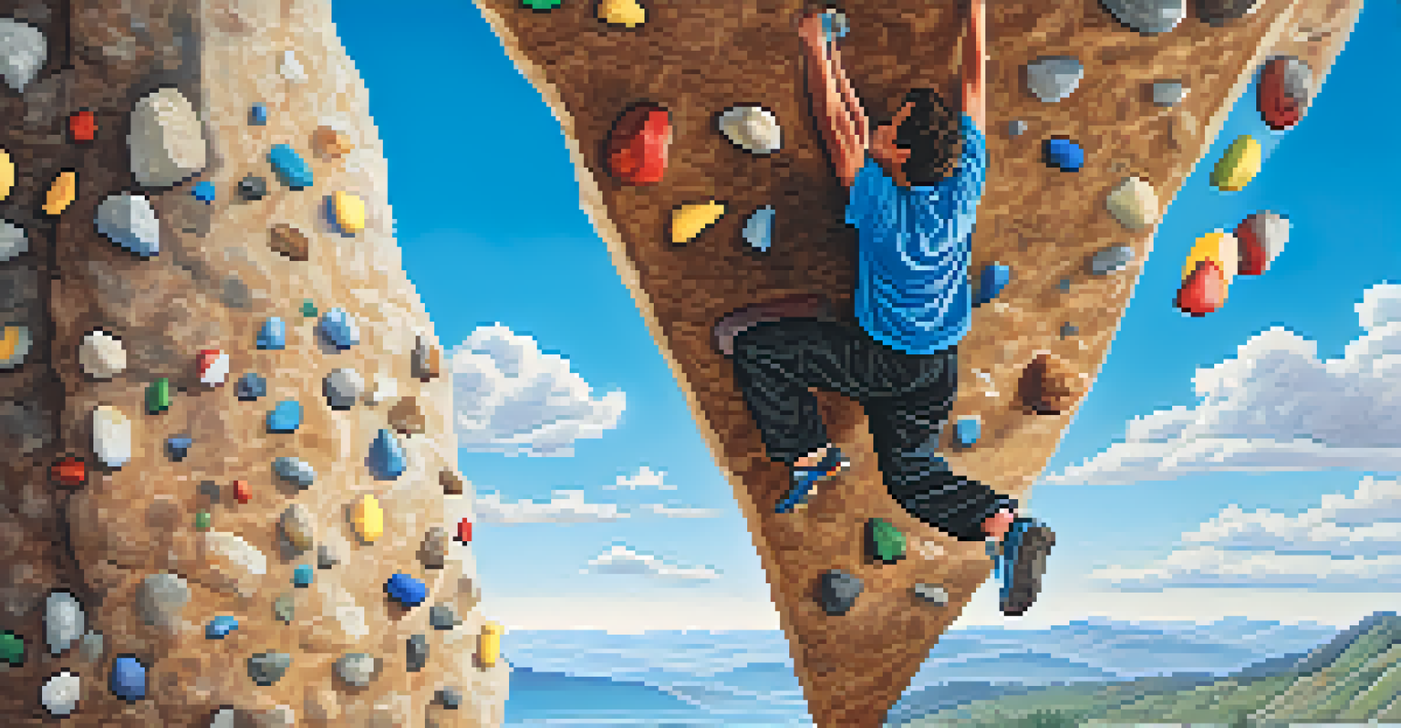 A person climbing a rock wall with a determined expression and friends cheering in the background.