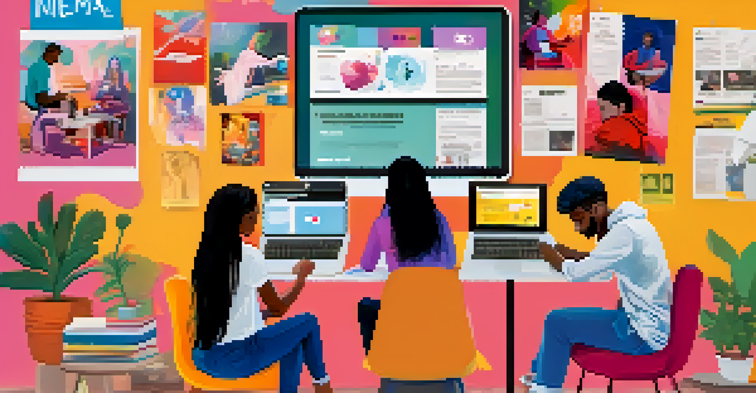 A group of young individuals working together on social media campaigns in a colorful workspace, using laptops and smartphones, with posters on the walls.