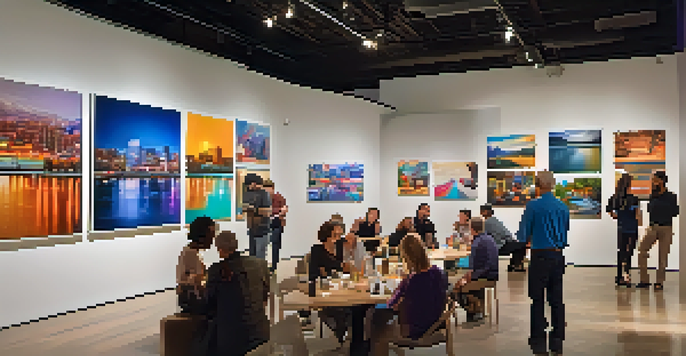 A modern photography exhibition in Phoenix with colorful photographs on the walls, diverse attendees discussing the artwork, and soft lighting creating a warm atmosphere.