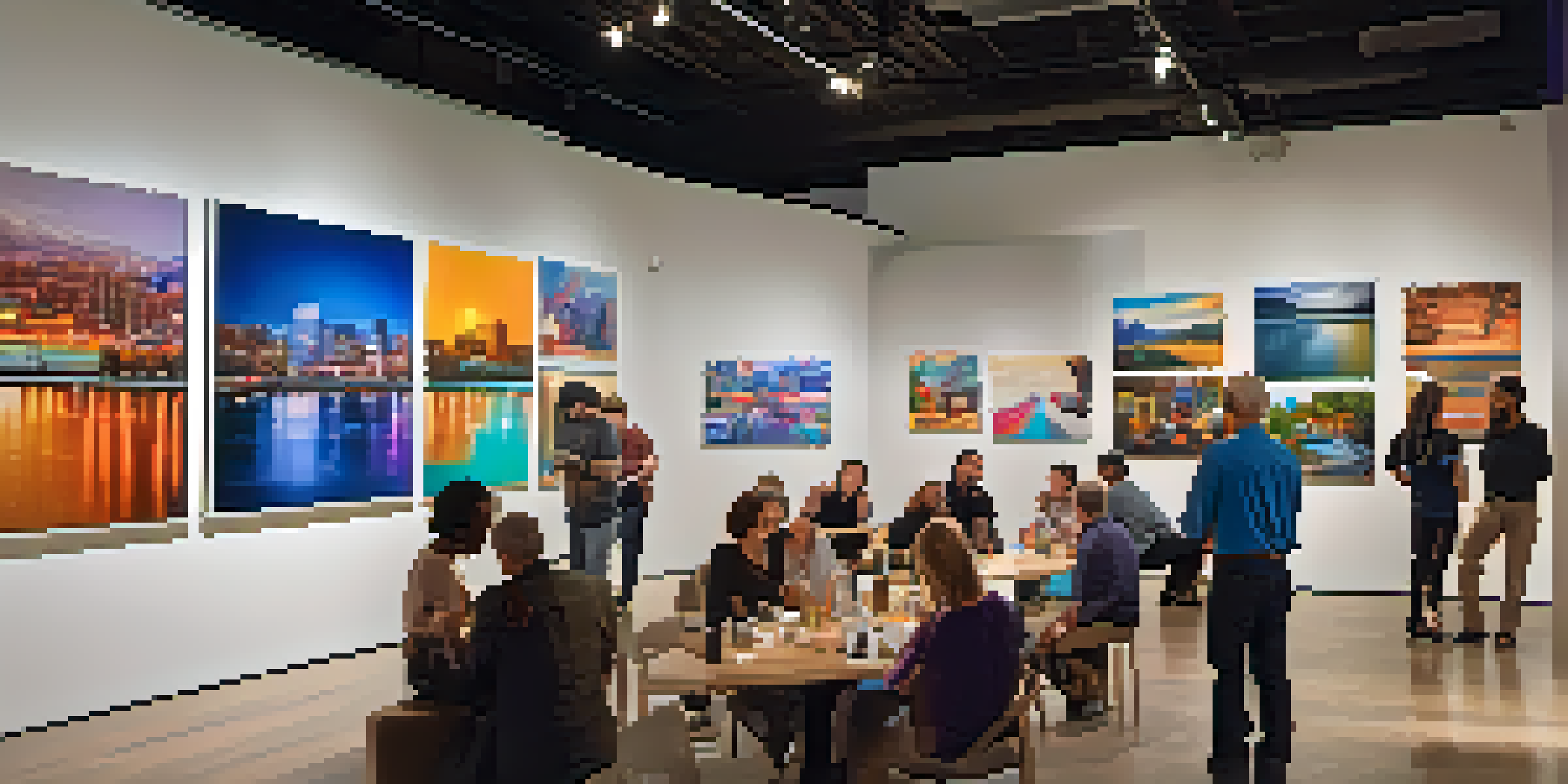 A modern photography exhibition in Phoenix with colorful photographs on the walls, diverse attendees discussing the artwork, and soft lighting creating a warm atmosphere.