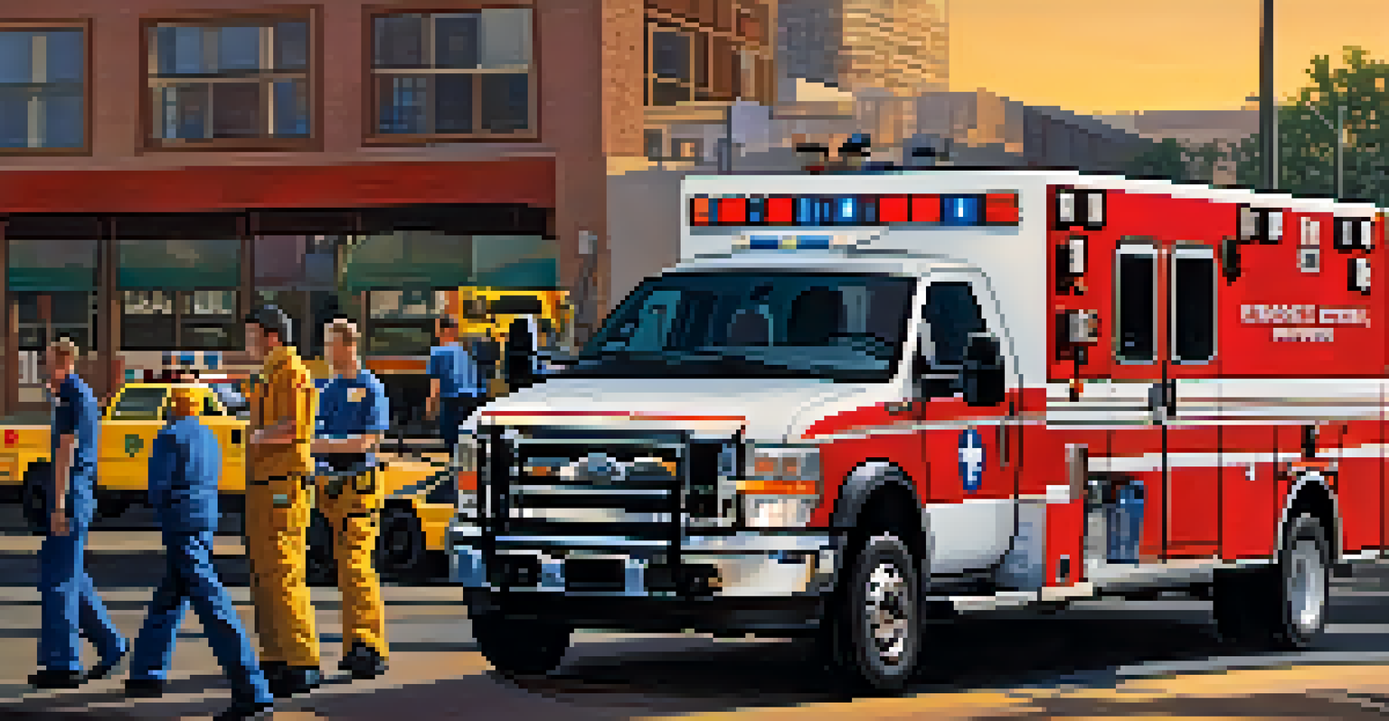Paramedics attending to a patient in an urban setting in Phoenix, with an ambulance and city streets in the background.
