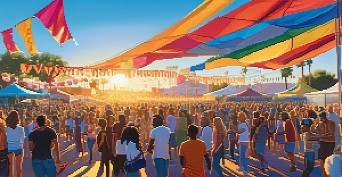 A lively music festival in Phoenix with a diverse crowd, colorful banners, a performing band, food vendors, and art installations under a sunset sky.