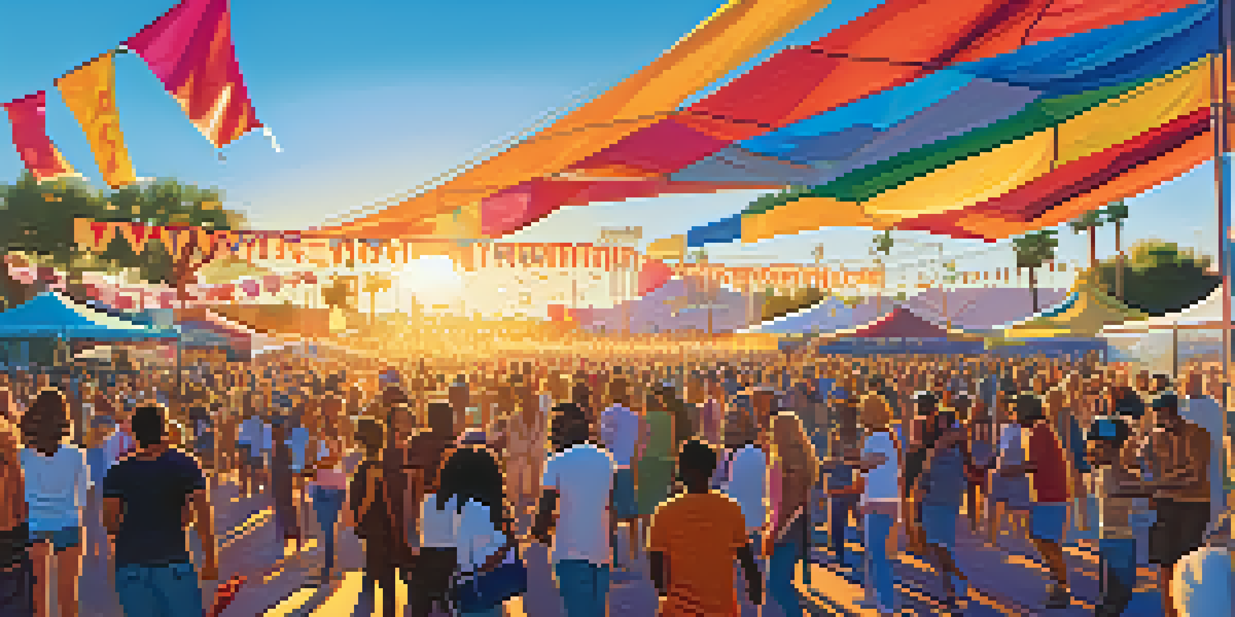 A lively music festival in Phoenix with a diverse crowd, colorful banners, a performing band, food vendors, and art installations under a sunset sky.