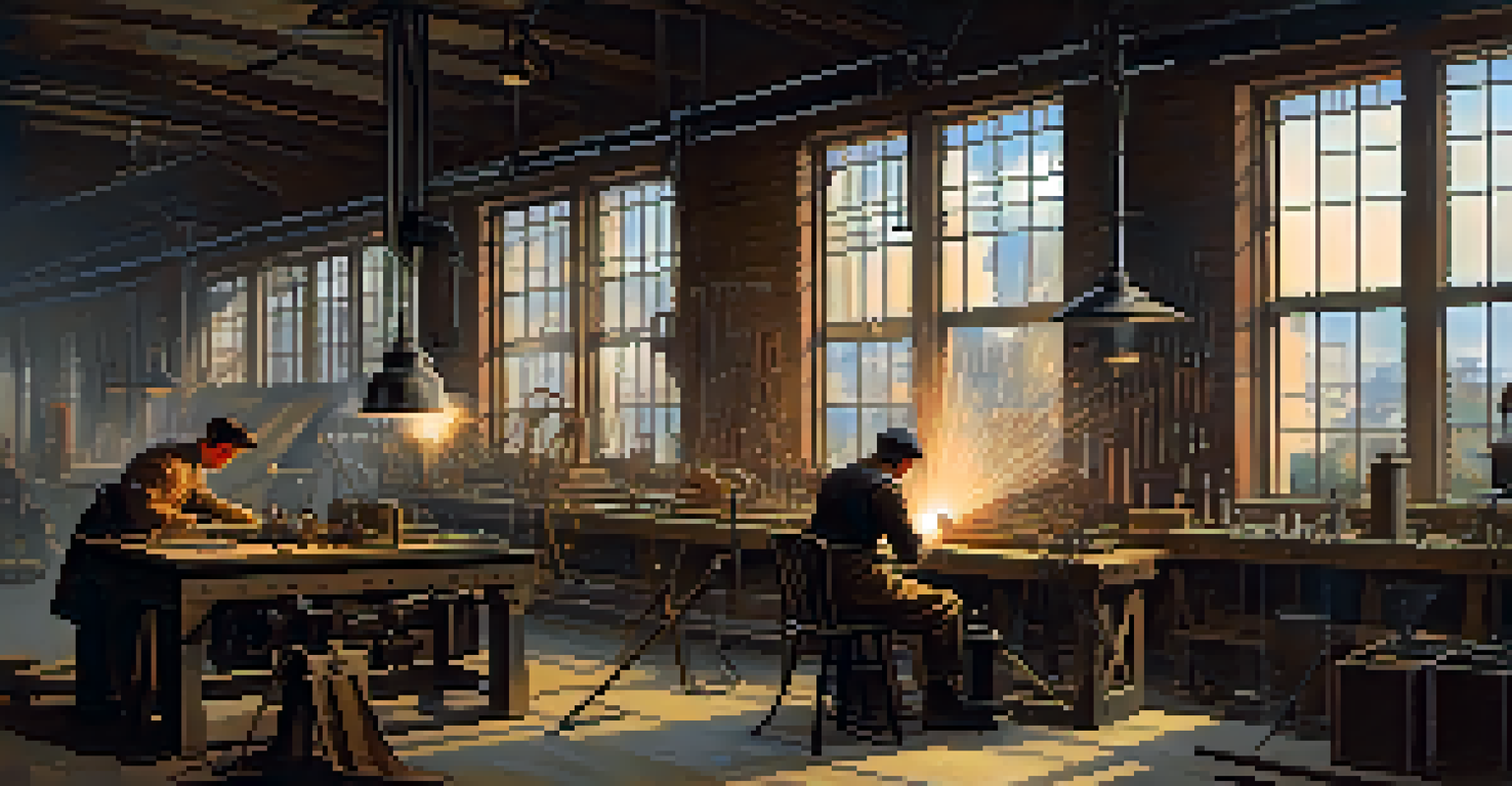 An early 1900s workshop where an engineer is welding, surrounded by machinery and tools, with sparks flying in a well-lit environment.