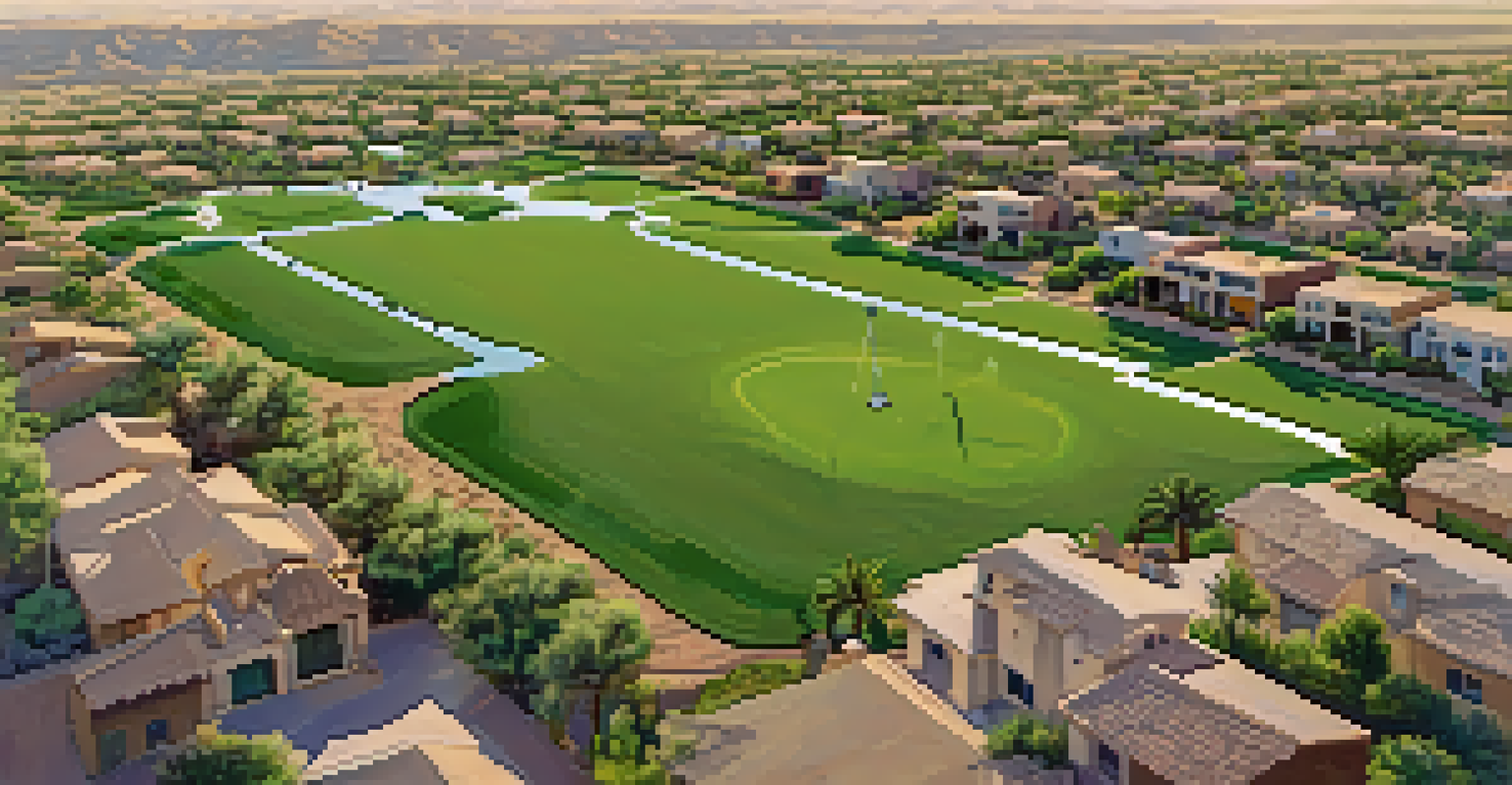 An aerial view of Phoenix highlighting smart irrigation systems in residential neighborhoods with green lawns.