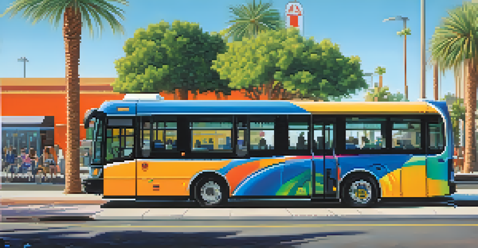 A modern, accessible bus with wheelchair ramps parked at a bus stop in Phoenix, with diverse people waiting and a sunny urban landscape in the background.