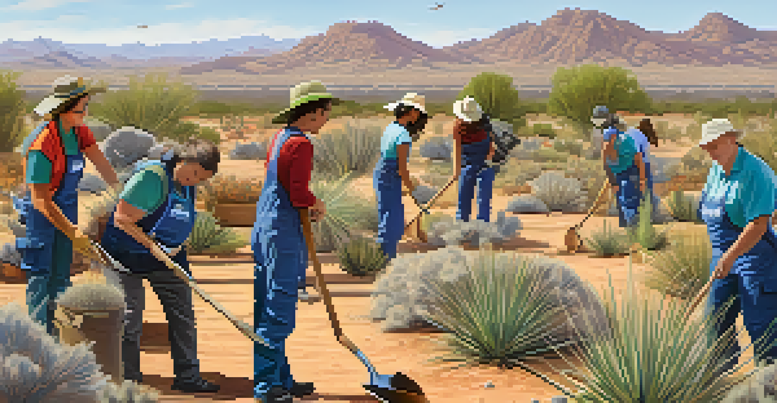 Volunteers participating in a conservation event, planting native plants in a desert landscape to support endangered species.