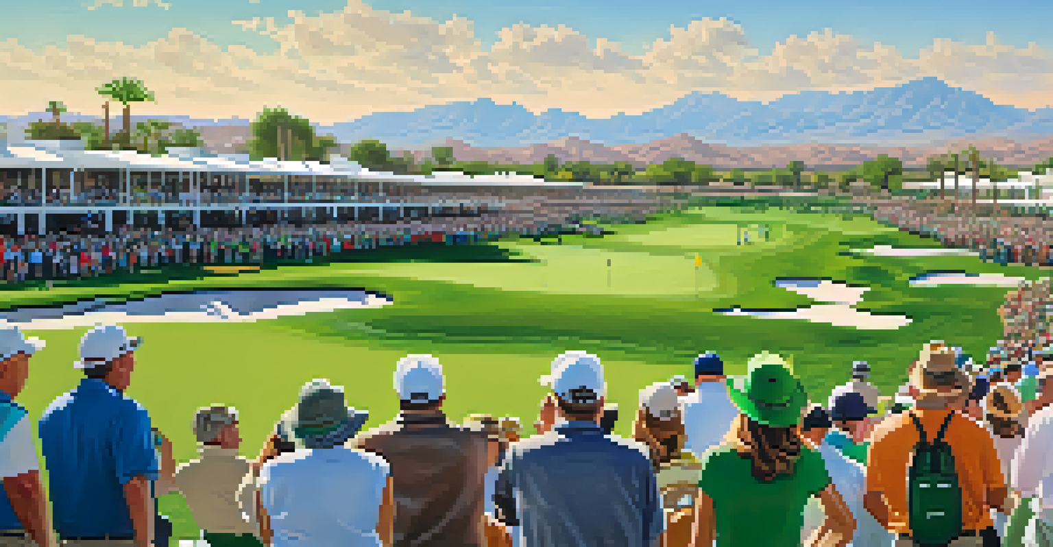 A scenic view of the Waste Management Phoenix Open golf tournament at TPC Scottsdale, with fans at the 16th hole and bright blue skies.