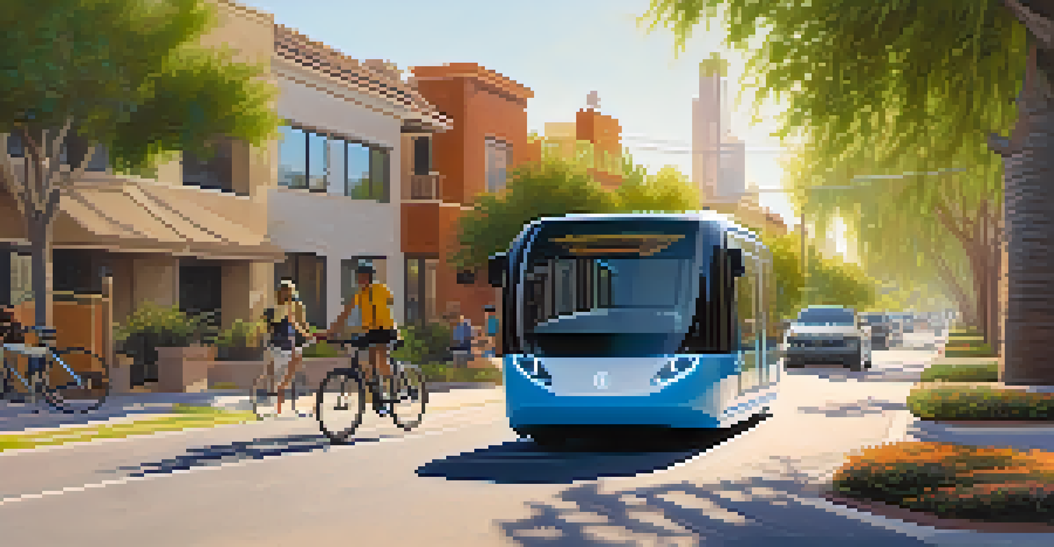 A self-driving shuttle bus in a sunny Phoenix neighborhood, surrounded by greenery and bike lanes, with passengers inside.