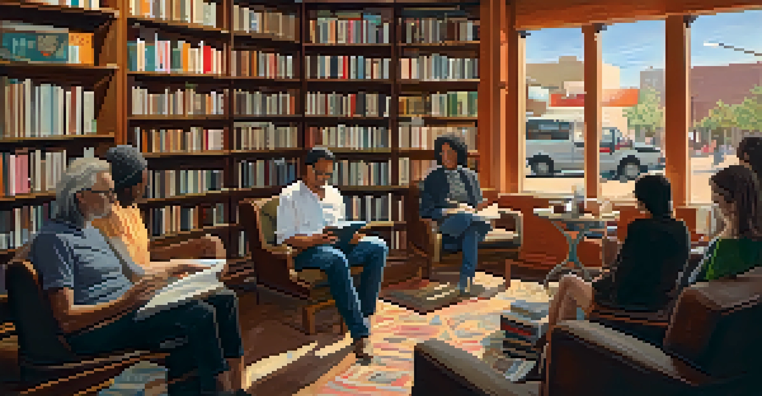 A cozy independent bookstore in Phoenix with a reading nook, shelves of books, and people gathered for a poetry reading.