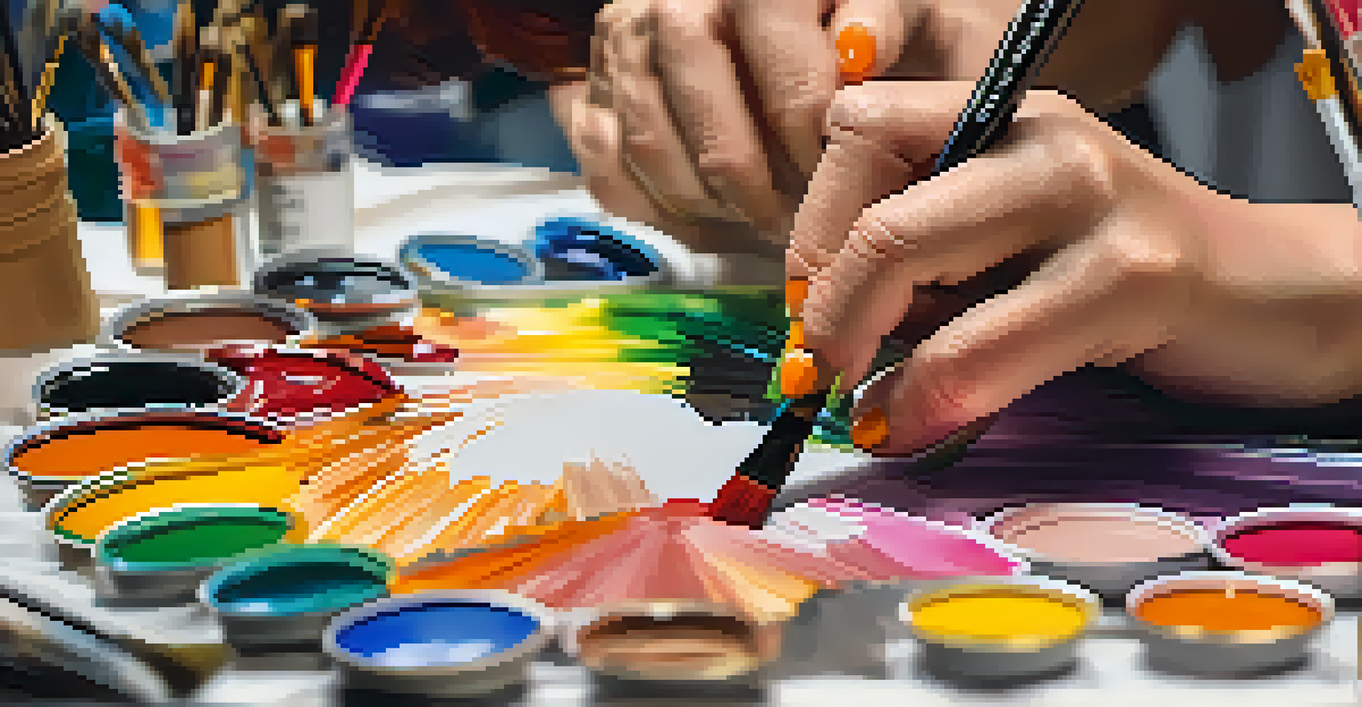 Close-up of an artist's hands painting on a canvas, with an array of vibrant paints and brushes in a colorful art studio.