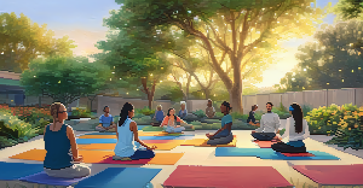 A peaceful outdoor mindfulness session in a garden at a Phoenix community center during sunset.