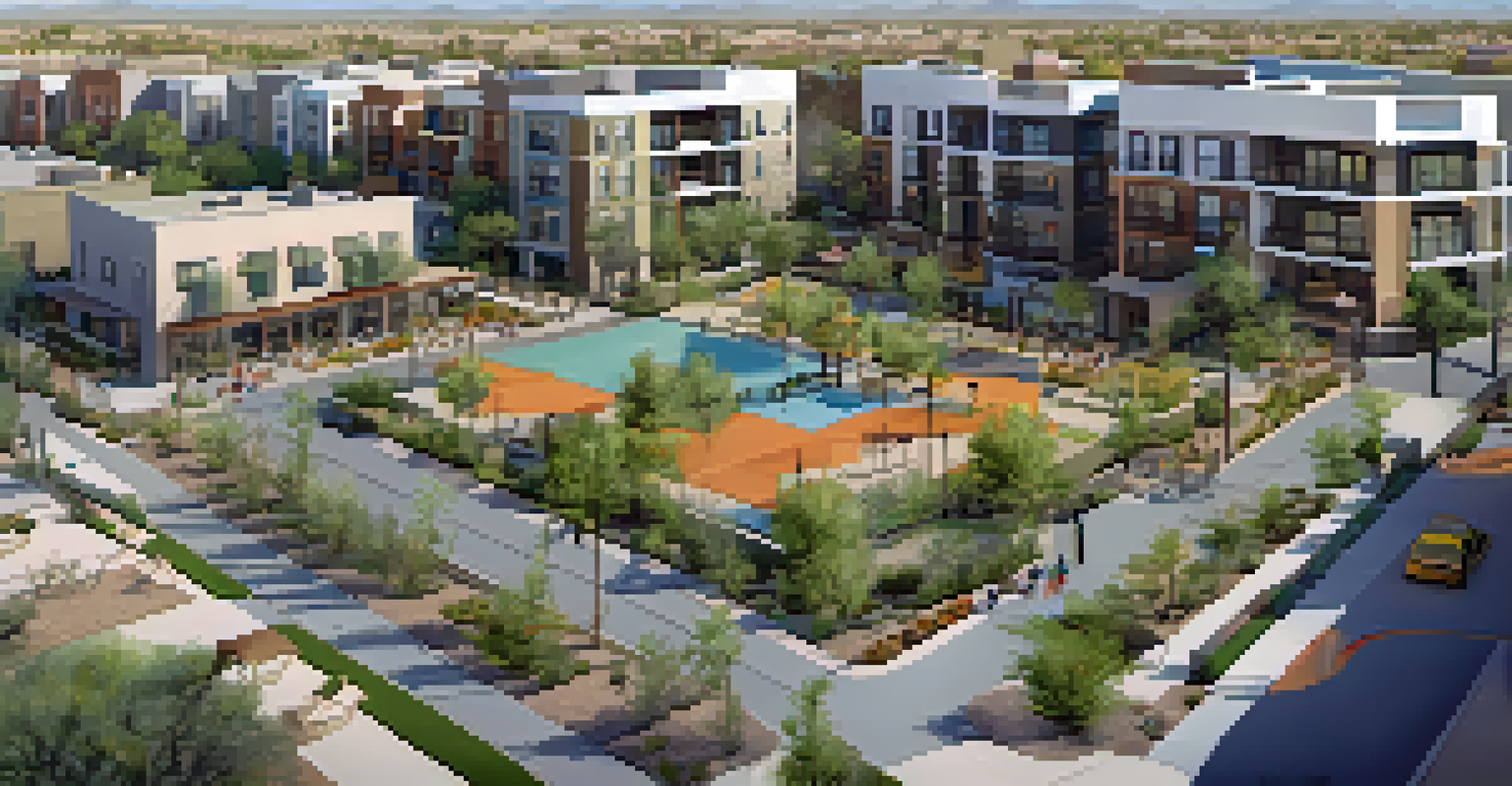 An aerial view of a modern mixed-use neighborhood in Phoenix with residential areas, shops, and green spaces.