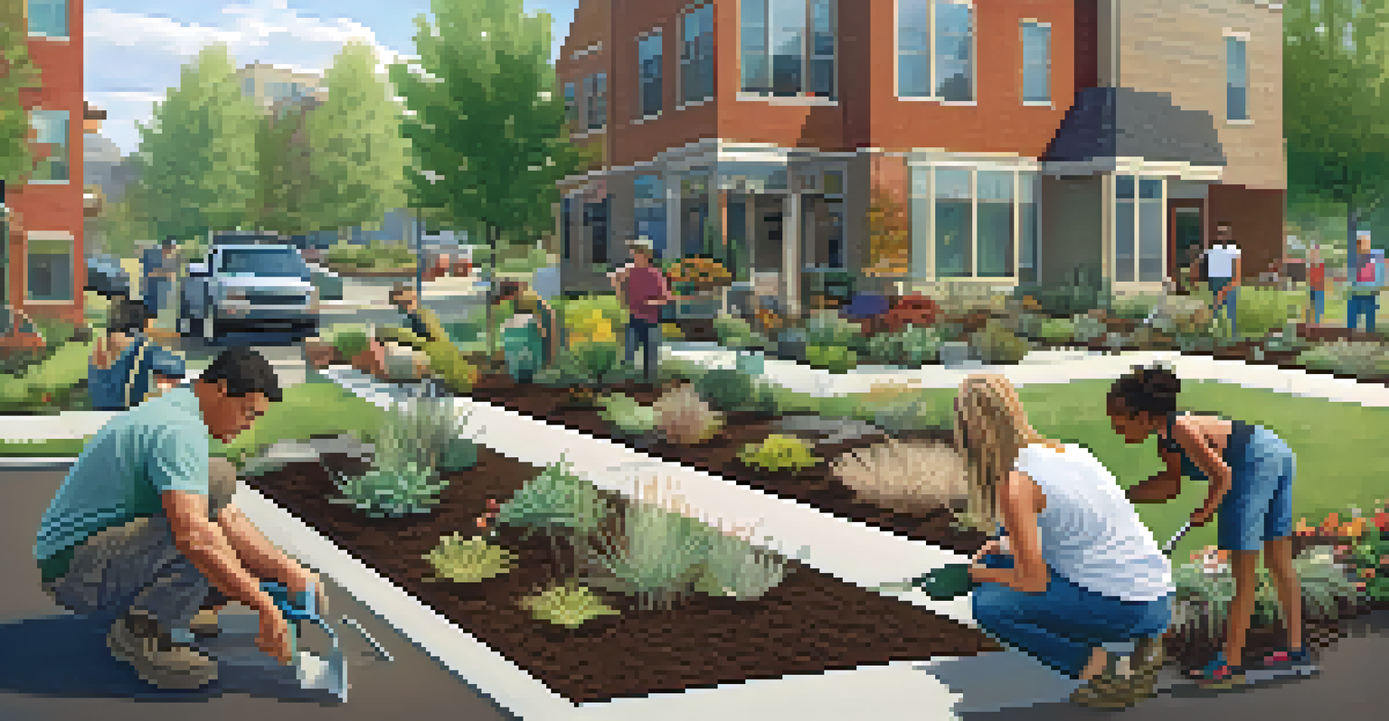 Neighbors working together on a community xeriscaping project, planting native plants in a sunny public space.