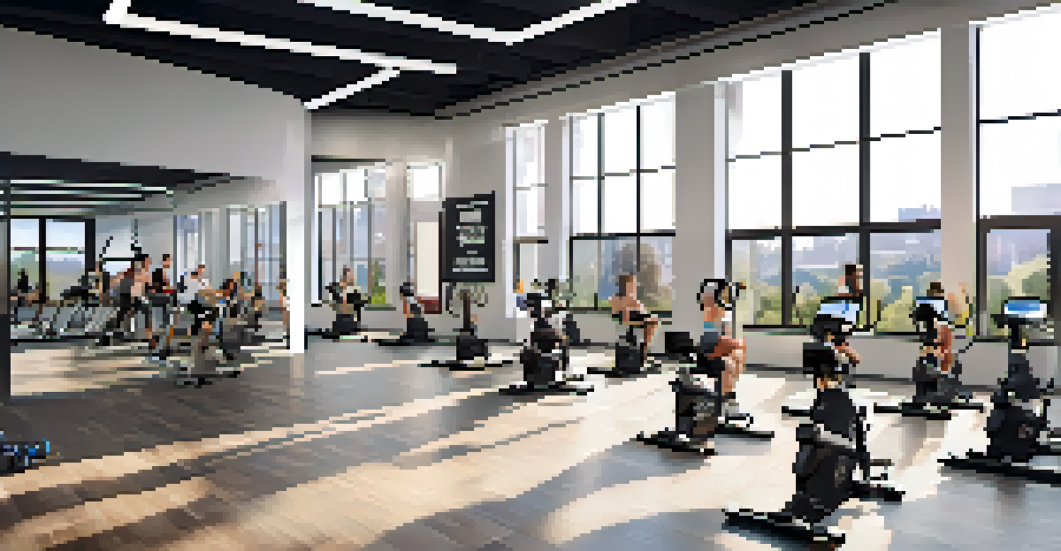 An indoor HIIT studio with participants engaged in a workout, featuring modern equipment and bright natural light.